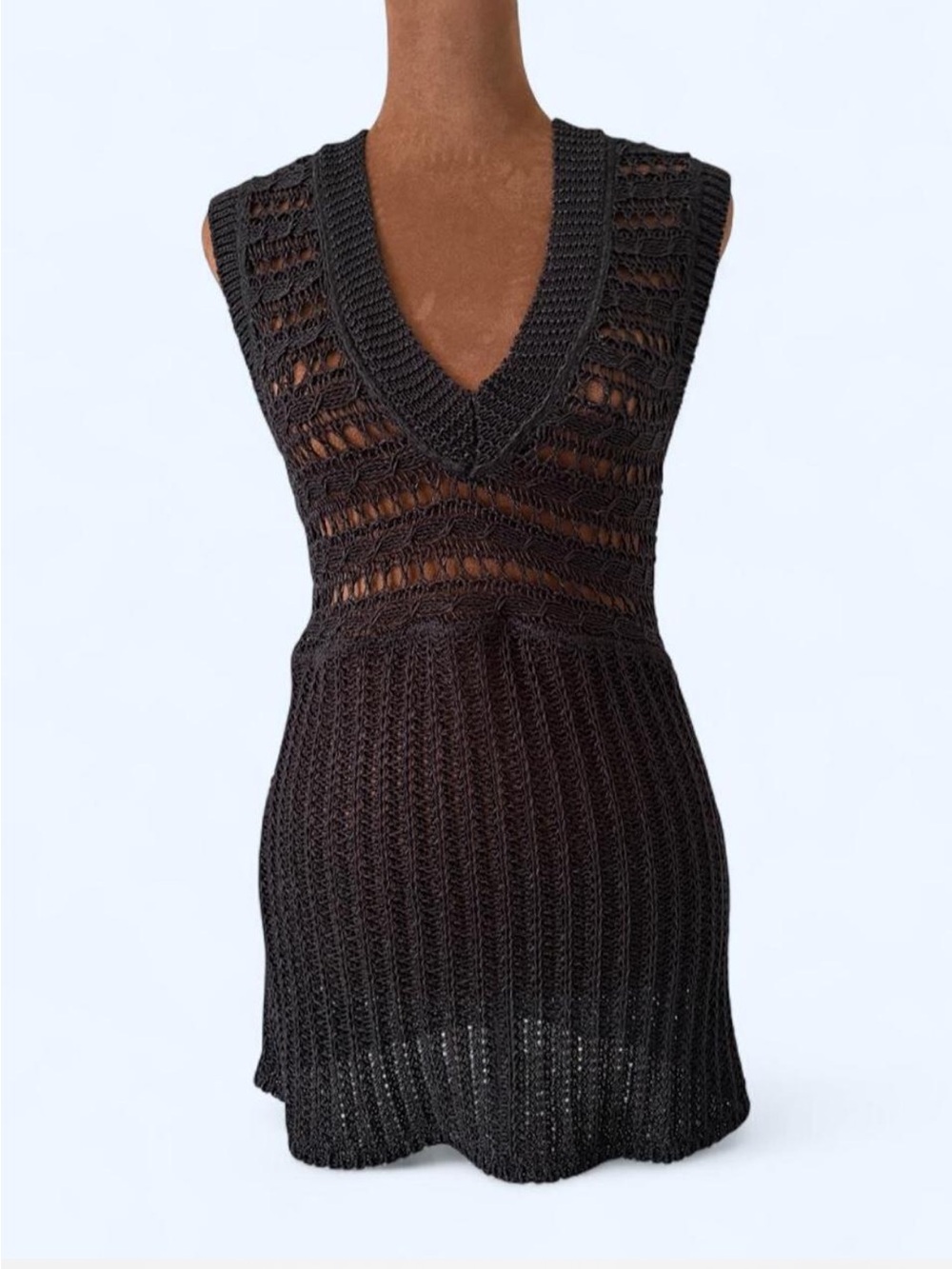 Marc Aurel Black Open Knit Crochet Tunic Top Size 34 Y2K Boho Whimsigoth